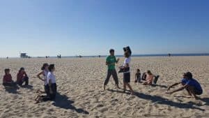 Sifu teaching Kids martial arts class on Santa Monica beach