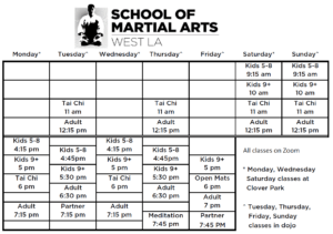 Schedule of martial arts and tai chi classes for adult and kids martial arts