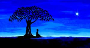 Buddha under the bodhi tree conquering suffering