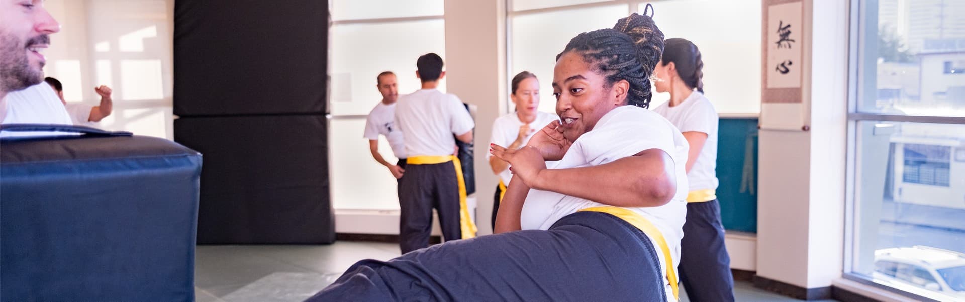 Adult dojo shield roundhouse kick