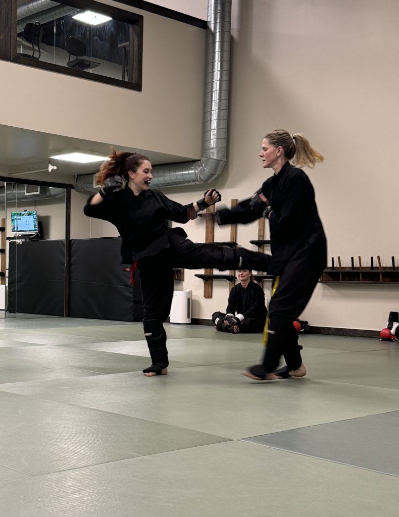 two martial artist sparring one of them making fast decisions with a roundhouse kick